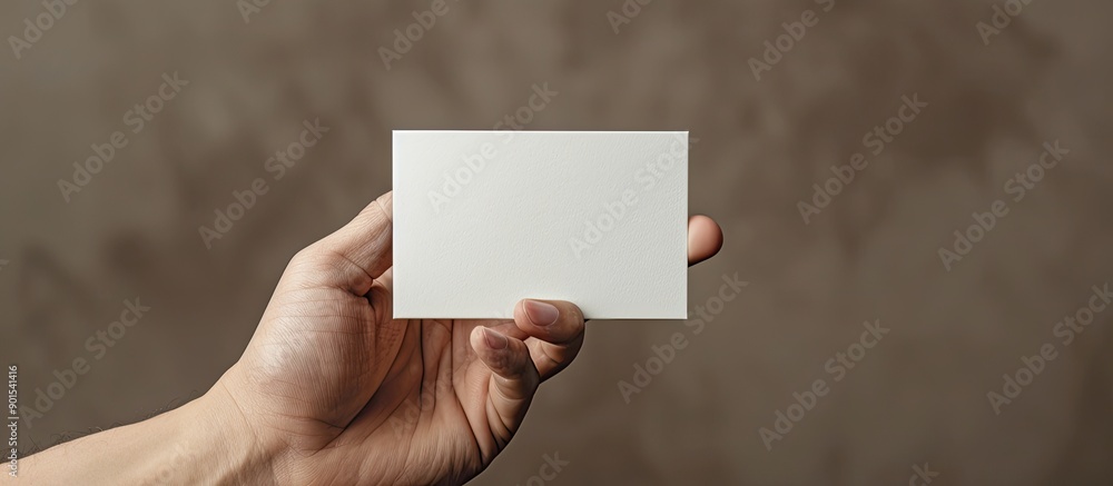 Hand of a man is shown holding a blank business card against a plain backdrop, suitable for a copy space image. Hand of a man is shown holding a blank business card against a plain backdrop, suitable for a copy space image.