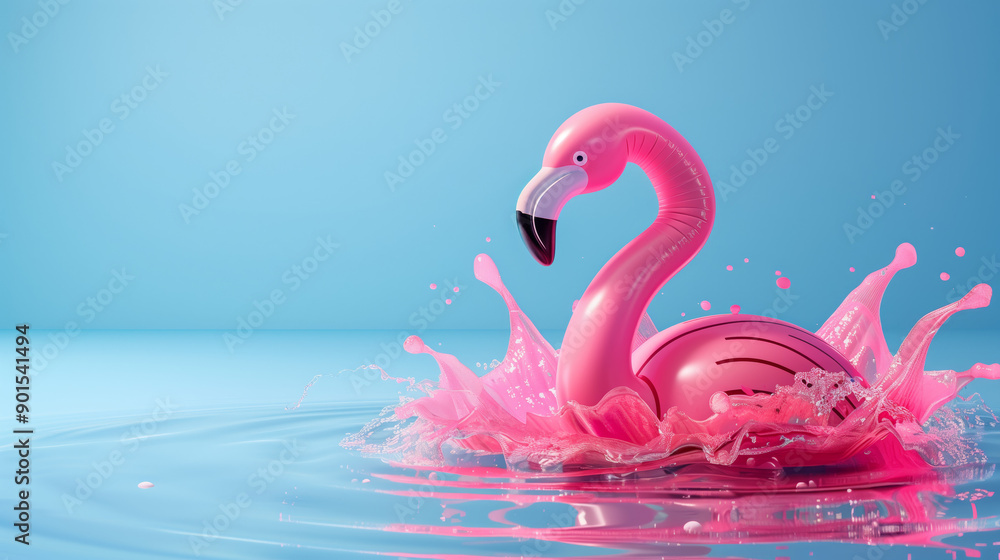 Fototapeta premium 3d pink flamingo on blue background isolated. Summer holiday vacation presentation background. Fresh bright colors.