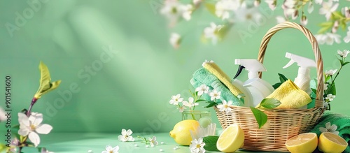 Spring-themed cleaning concept with a basket filled with various cleaning tools and supplies on a green background with spring blossom flowers. Copy space image included.
