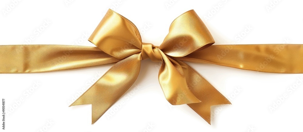 Isolated on a white background, a gold satin ribbon bow stands with copy space image. Isolated on a white background, a gold satin ribbon bow stands with copy space image.