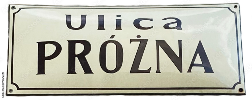 Obraz premium Tabliczka z nazwą ulicy. Stary styl, emaliowana. Ulica Próżna w Warszawie. Przedwojenny styl.