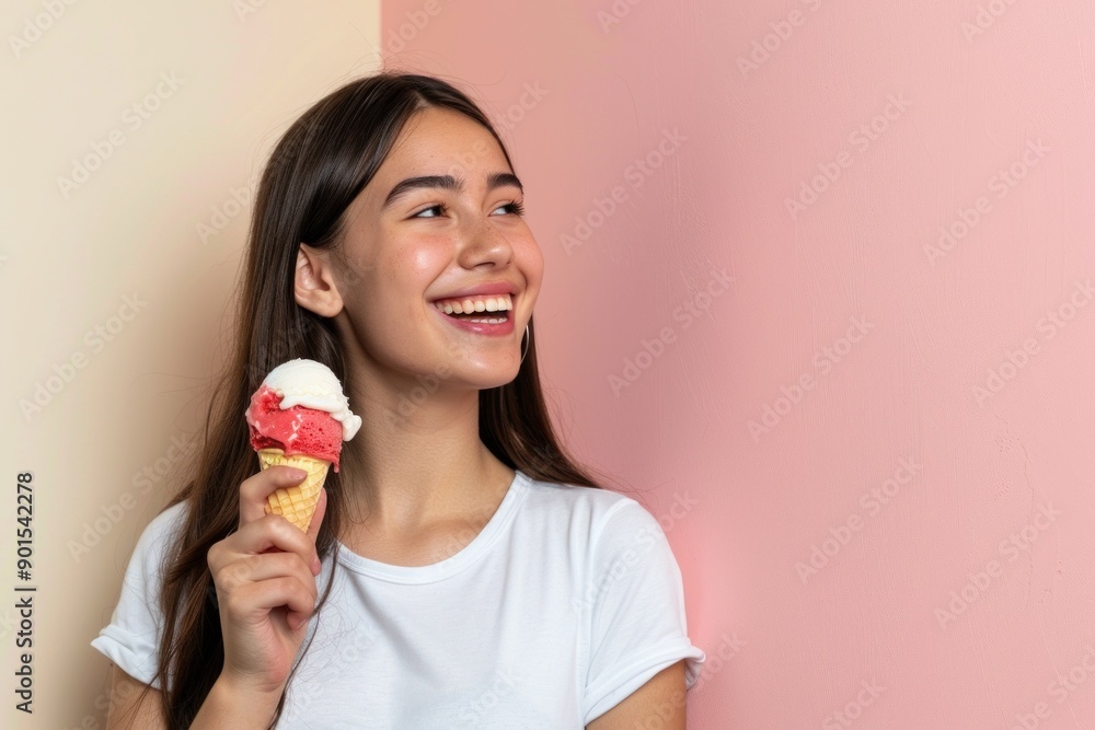 Smiling girl enjoying ice cream, pink background, happy moment, summertime treat, joyful expression, dessert delight, youthful joy concept Smiling girl enjoying ice cream, pink background, happy moment, summertime treat, joyful expression, dessert delight, youthful joy concept