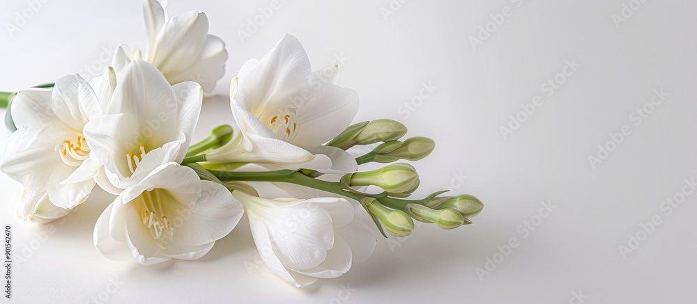 Fototapeta premium White Freesia with copy space image for St. Valentine's Day, birthdays, weddings, engagements, and other holiday themes.