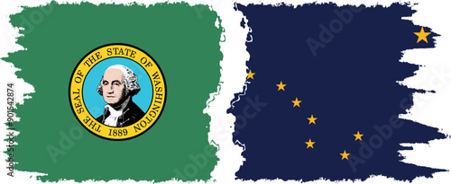 Alaska and Washington states grunge brush flags connection, vector