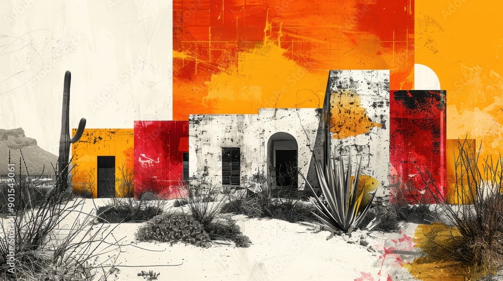 Fototapeta premium Contemporary Art Collage of Oranjestad's Dutch Colonial Buildings and Arid Landscape
