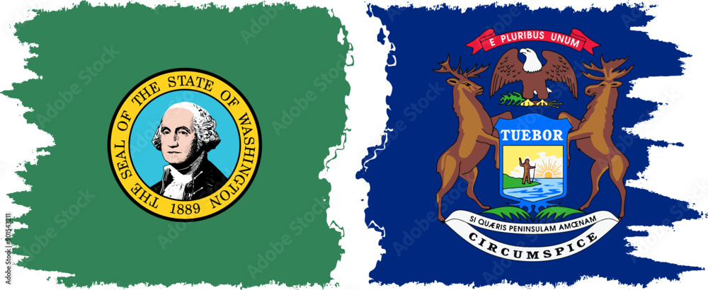 Fototapeta premium Michigan and Washington states grunge brush flags connection, vector