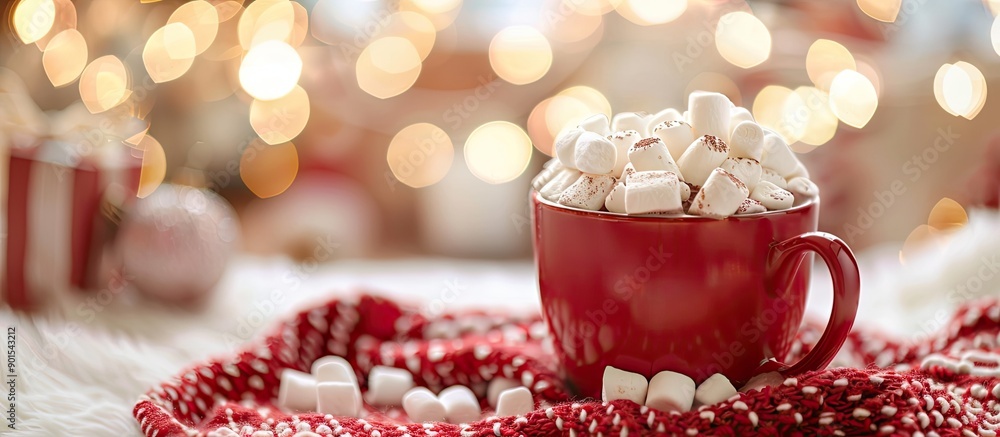 Selective focus on hot chocolate and marshmallow against a Christmas-themed backdrop with copy space image. Selective focus on hot chocolate and marshmallow against a Christmas-themed backdrop with copy space image.