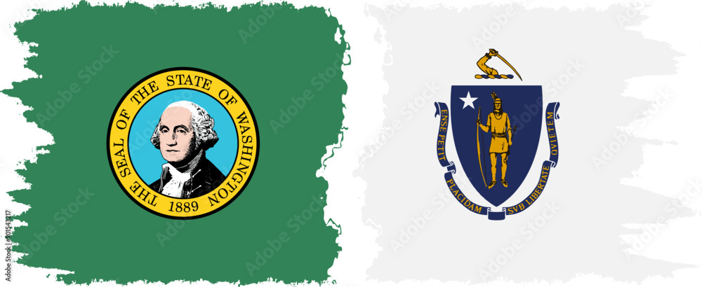 Naklejka premium Massachusetts and Washington states grunge brush flags connection, vector