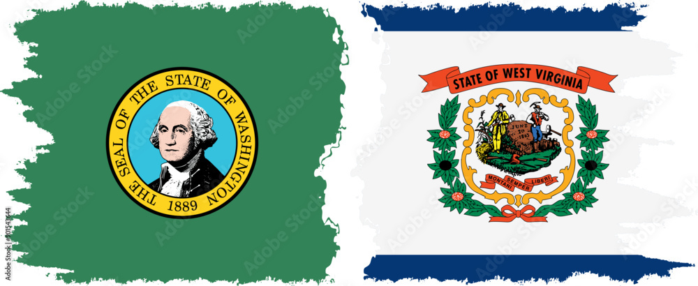 Fototapeta premium West Virginia and Washington states grunge brush flags connection, vector