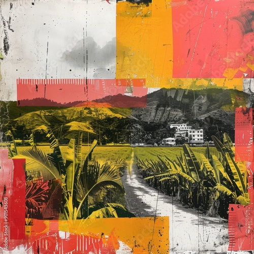 Contemporary Art Collage of Sugar Cane Fields and Carnival of Port of Spain

