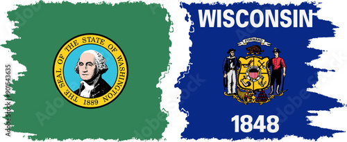 Wisconsin and Washington states grunge brush flags connection, vector
