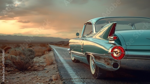 Emerald green classic car on desert highway, vintage American automobile, rear view, tail lights, open road, arid landscape, cloudy sky, golden hour lighting.