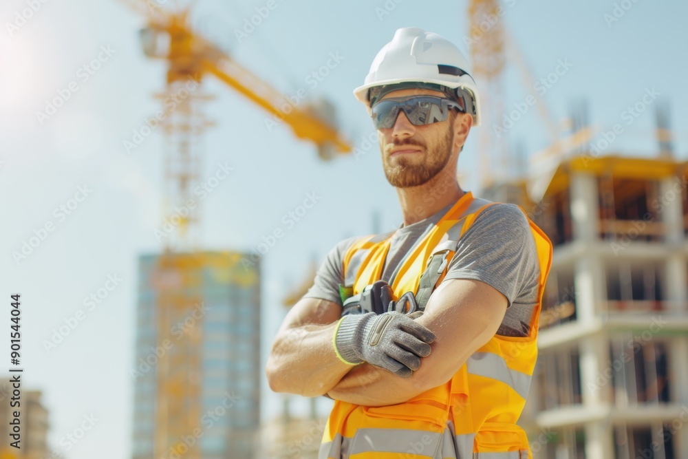 Construction worker wearing hard hat and safety vest standing at construction site Construction worker wearing hard hat and safety vest standing at construction site