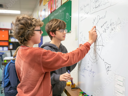 Mastering Math: Middle school boys collaborate, solving equations on a whiteboard in their bustling classroom, showcasing teamwork and STEM engagement.