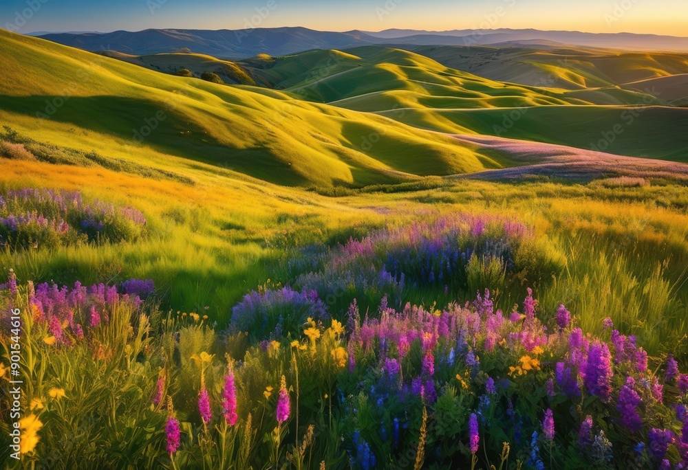 Fototapeta premium scenic rolling hills covered vibrant blooming wildflowers under clear blue sky, landscape, meadow, field, nature, scenery, pasture, flora, grassland