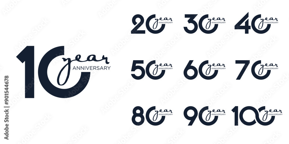 collection anniversary 10 to 100 year logo designs. abstract number for celebration event, wedding, greeting card, and invitation, vector illustration collection anniversary 10 to 100 year logo designs. abstract number for celebration event, wedding, greeting card, and invitation, vector illustration