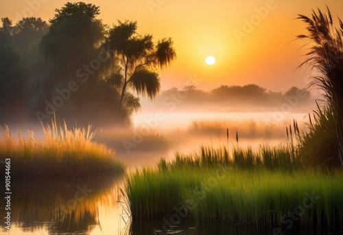 breathtaking sunrise casting golden hues over tranquil misty marshlands reflective water, dawn, morning, sunlight, horizon, reflection, wetlands, landscape photo