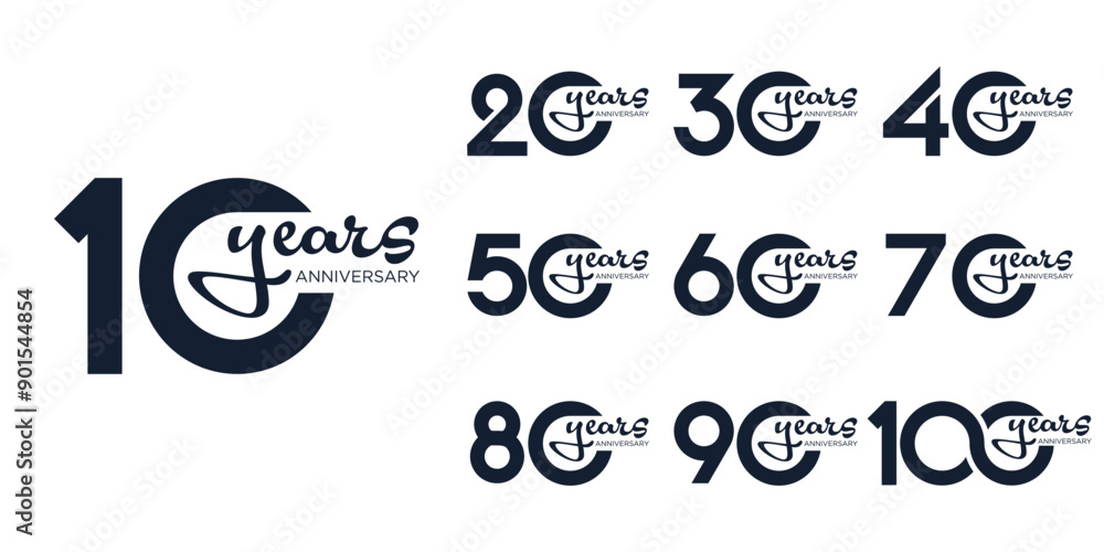Fototapeta premium collection anniversary 10 to 100 year logo designs. abstract number for celebration event, wedding, greeting card, and invitation, vector illustration