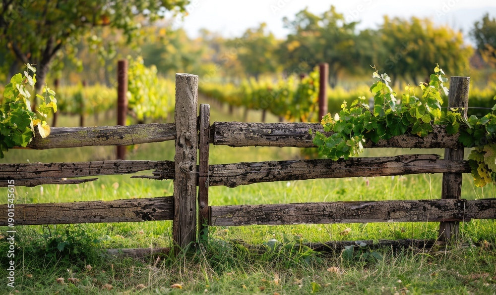 Vineyard with a rustic wooden fence and grapevines Vineyard with a rustic wooden fence and grapevines