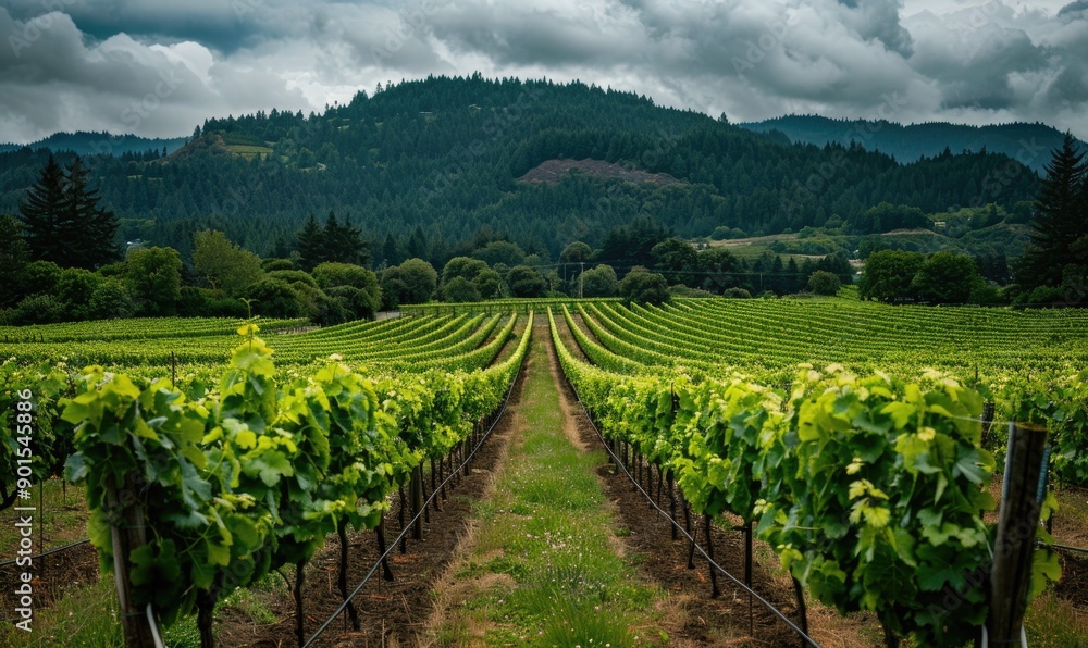 Vineyard with lush green grapevines and a mountain backdrop Vineyard with lush green grapevines and a mountain backdrop