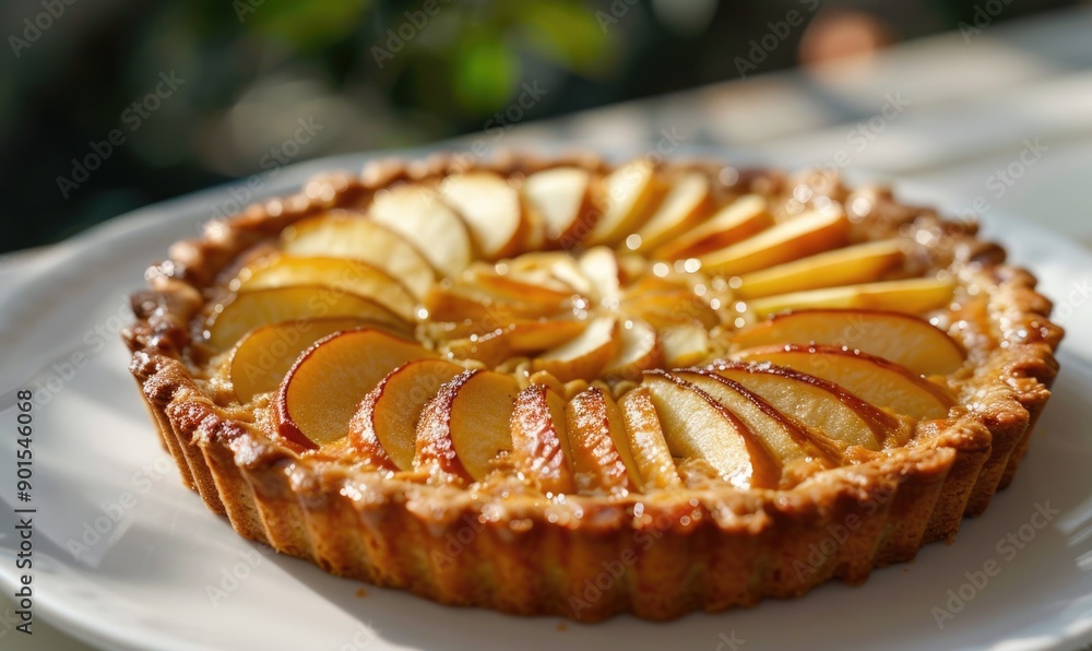 Apple and almond tart on a white plate Apple and almond tart on a white plate