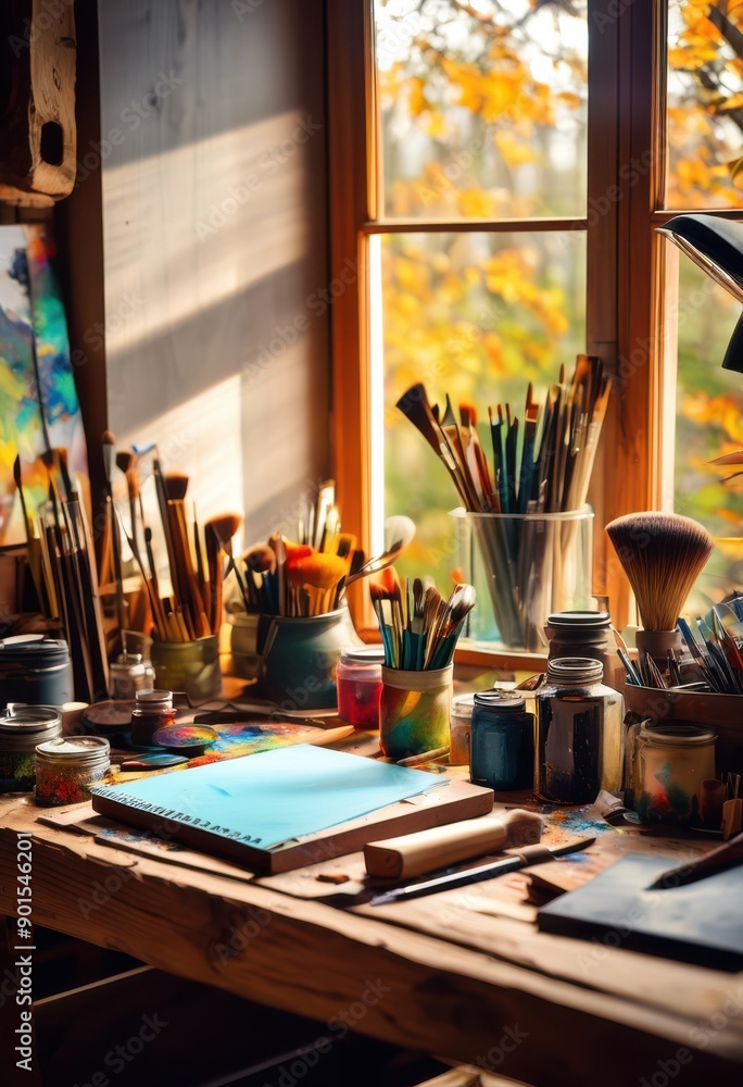 vibrant array digital art tools displayed rustic wooden showcasing inspiring creative workspace, colorful, palette, brushes, stylus, tablet, creativity vibrant array digital art tools displayed rustic wooden showcasing inspiring creative workspace, colorful, palette, brushes, stylus, tablet, creativity