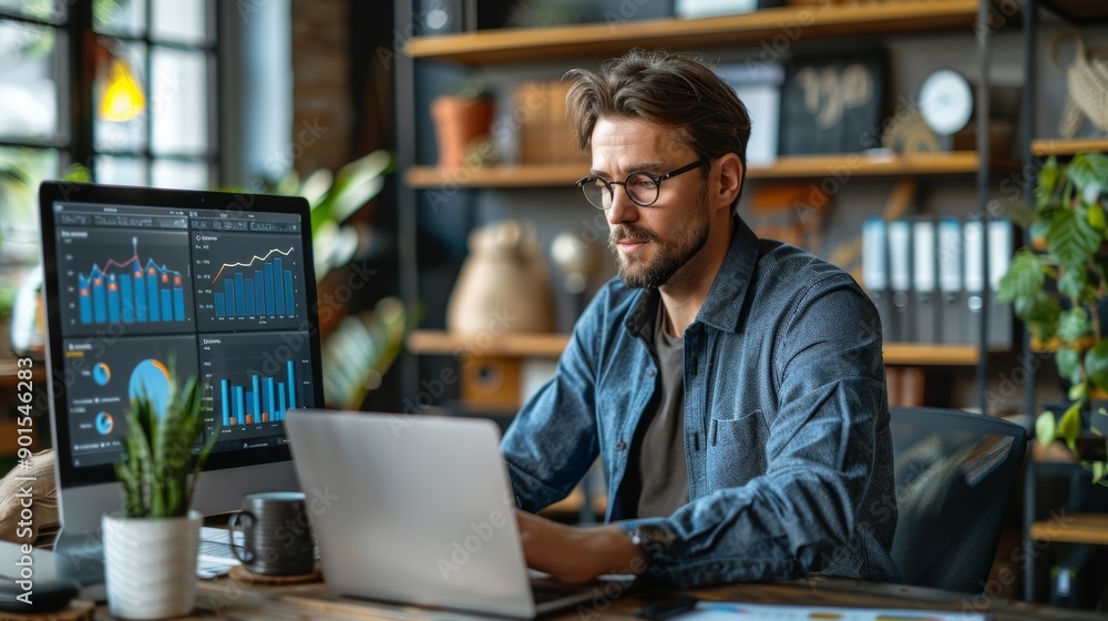 Young Professional Working on Laptop Surrounded by Data Analytics in Modern Office. Generative AI Young Professional Working on Laptop Surrounded by Data Analytics in Modern Office. Generative AI