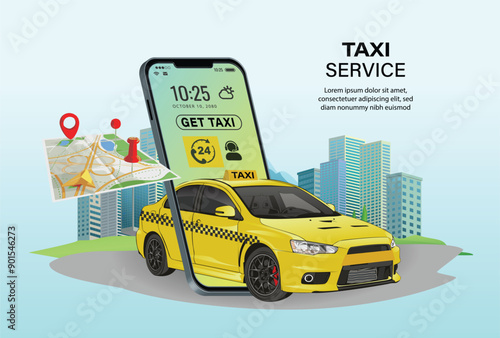 Taxi online vector illustration car ride map on smartphone application. Taxi service design of yellow car and location or navigation city map for mobile internet app
