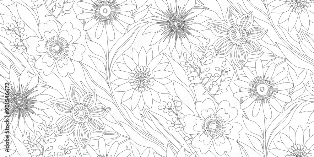 Half drop Floral Seamless Pattern of Fantasy Flower Field - Black thin Line Drawing on a White Background. Wallpaper Design for Textiles, Papers, Prints, Fashion, Wrappings, Coloring Pages. Half drop Floral Seamless Pattern of Fantasy Flower Field - Black thin Line Drawing on a White Background. Wallpaper Design for Textiles, Papers, Prints, Fashion, Wrappings, Coloring Pages.