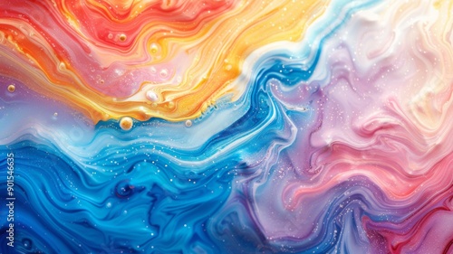 Abstract Colorful Fluid Art Painting with Vibrant Swirls of Blue, Pink, Yellow, and White