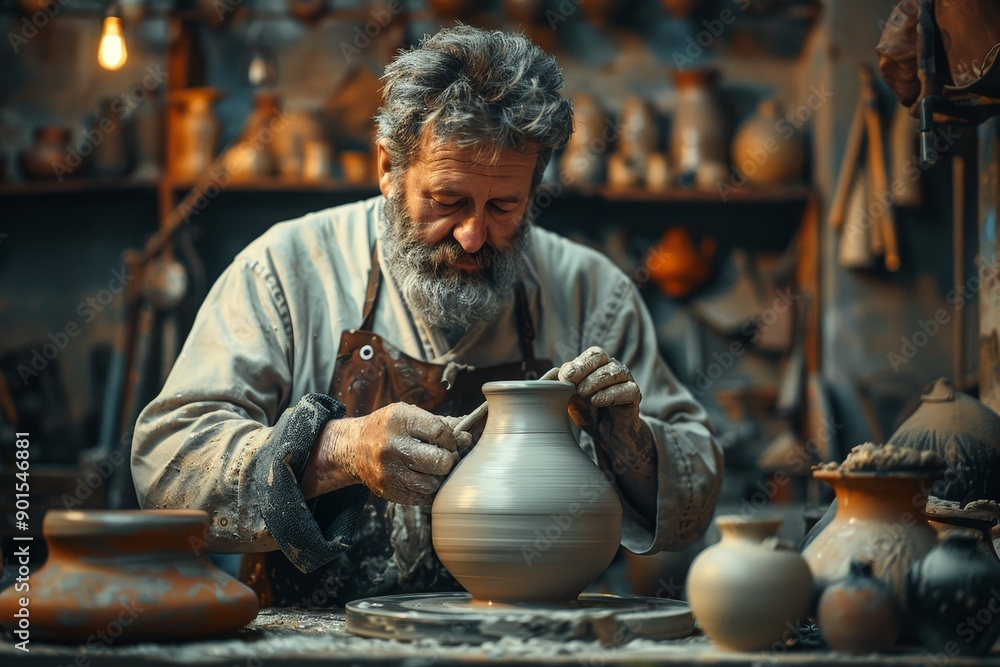 Artistry in Clay: A Master Potter Crafting a Beautiful Vase in His Workshop Artistry in Clay: A Master Potter Crafting a Beautiful Vase in His Workshop