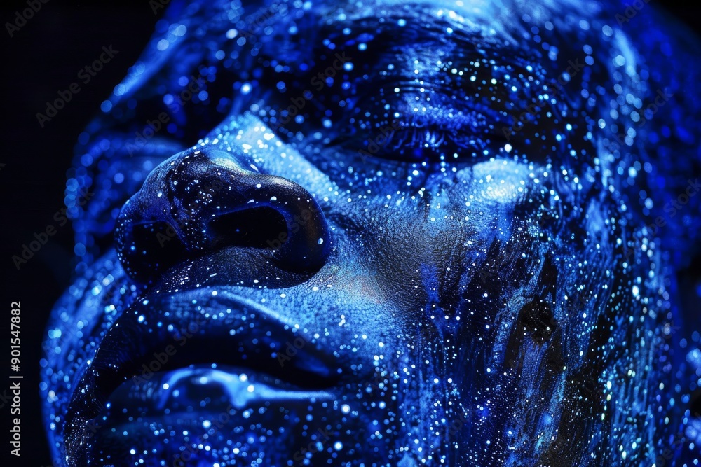 Blue Glitter Enveloping Man's Face in Cosmic Display Blue Glitter Enveloping Man's Face in Cosmic Display