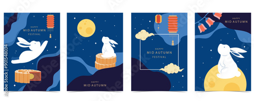 mid-autumn festival background with rabbit,mooncake,moon .vector for a4 vertical design