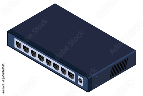Isometric switch. Networking ethernet switch. Realistic isometric switch. Network technology. Vector illustration