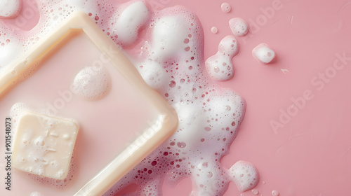 White soap bar and foam on pastel pink background. Flat lay, top view, copy space