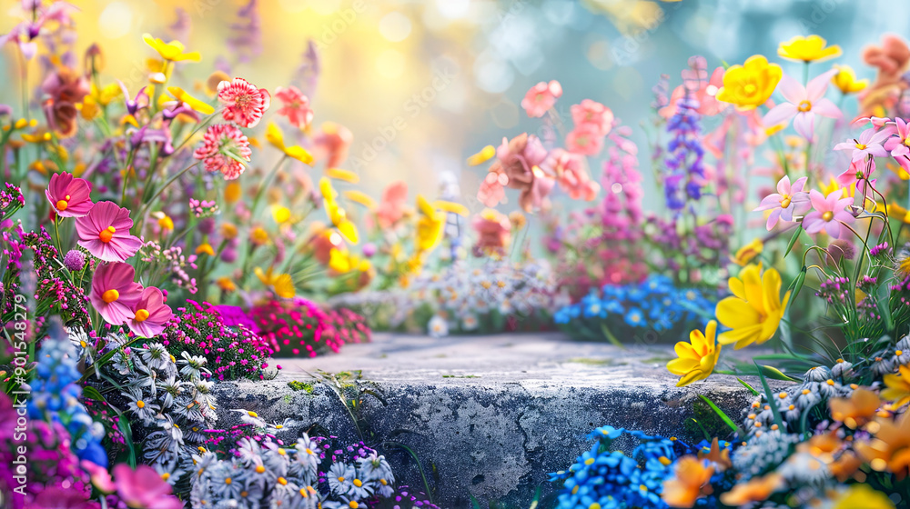 Obraz premium Natural Beauty Empty Podium with Spring Flower Backdrop for Advertising and Presentation