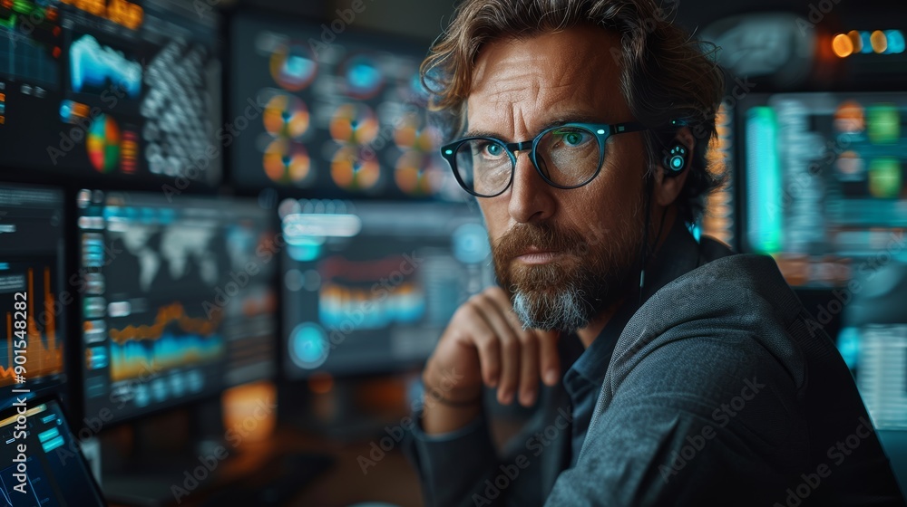 Focused Analyst Analyzes Complex Data Trends in Modern Workspace Late at Night. Generative AI Focused Analyst Analyzes Complex Data Trends in Modern Workspace Late at Night. Generative AI