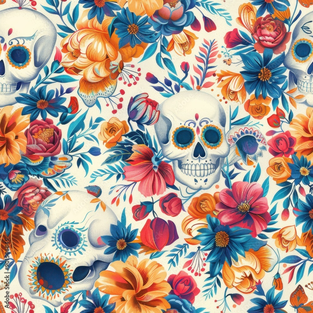 Pattern of Festive Skulls with Vibrant Floral Arrangements for Dia de los Muertos