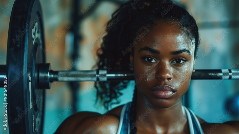 Obraz premium Bodybuilding, barbell workout, and ebony woman at gym. Strength training female, bodybuilder weightlifting for athlete wellness
