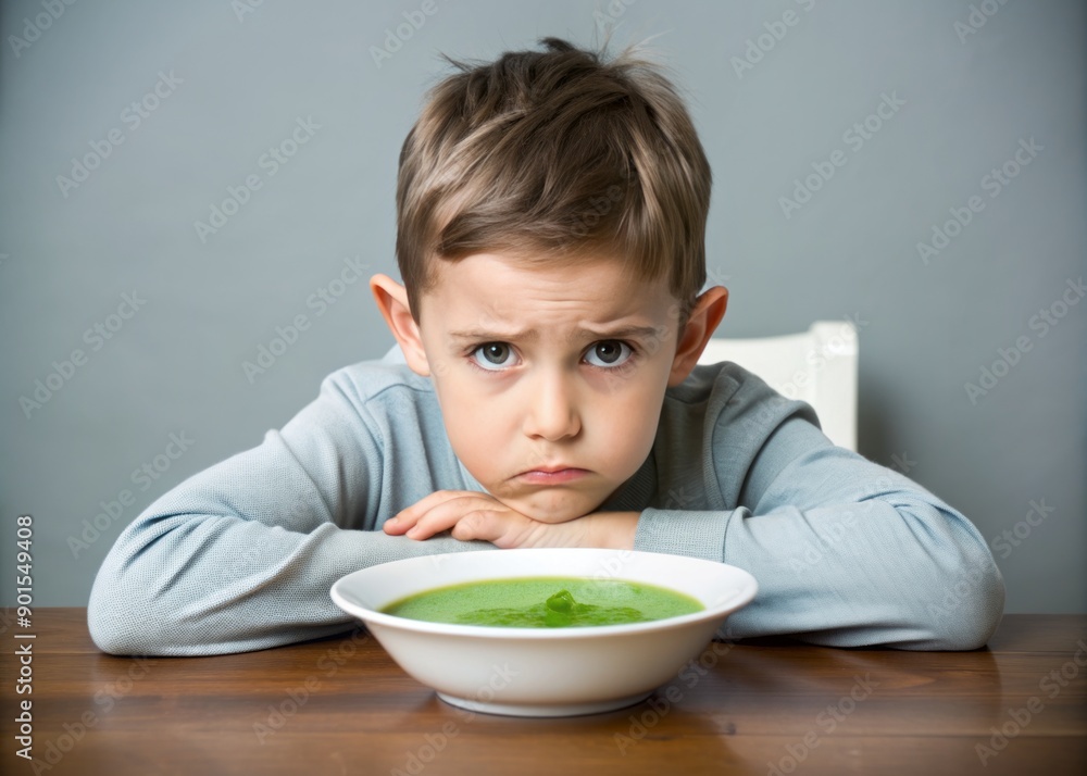 Unhappy young boy with crossed arms and scowling face sits at a table in front of a bowl of unappetizing green vegetable soup, refusing to eat. Unhappy young boy with crossed arms and scowling face sits at a table in front of a bowl of unappetizing green vegetable soup, refusing to eat.