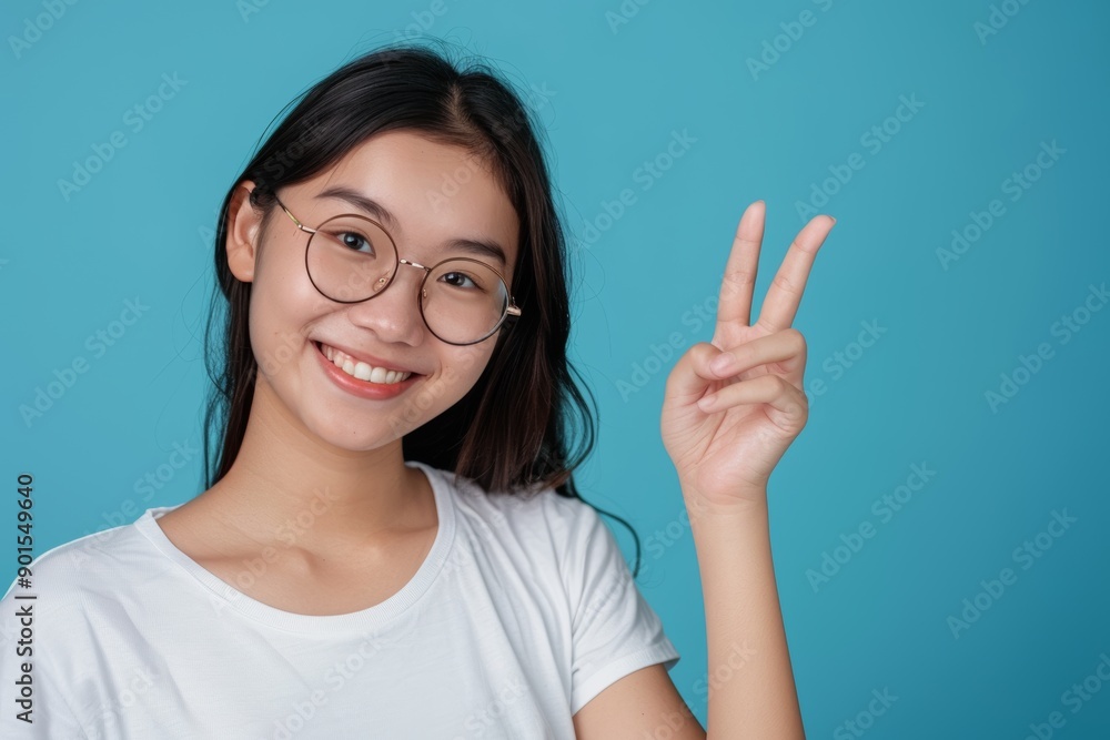 Woman with certification and excellence t-shirt and blue studio background. Happy young Asian person in glasses, picture, and education proponent emoji. Woman with certification and excellence t-shirt and blue studio background. Happy young Asian person in glasses, picture, and education proponent emoji.