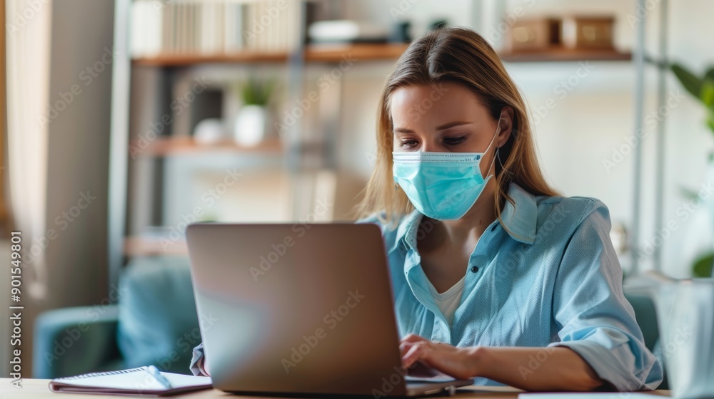 Covid, compliance, or businesswoman with mask preparing and researching online strategy or ideas on laptop. IT or creative girl with schedule, SEO, or software analytics Covid, compliance, or businesswoman with mask preparing and researching online strategy or ideas on laptop. IT or creative girl with schedule, SEO, or software analytics