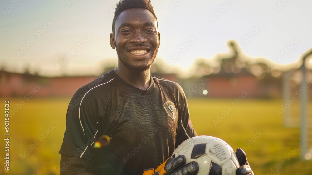 African soccer goalie and image of black man with ball and smile, determination to win. Athletic, proud, and cheerful professional footballer at practice or game African soccer goalie and image of black man with ball and smile, determination to win. Athletic, proud, and cheerful professional footballer at practice or game
