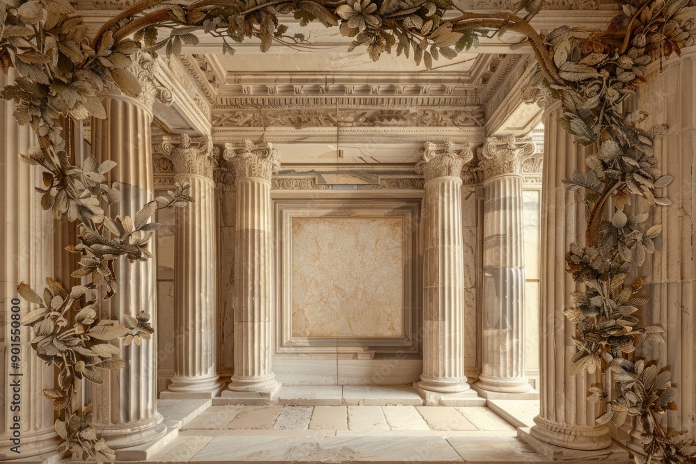 Naklejka premium Ancient Greek Temple Frame with marble columns, intricate friezes, and olive branches.
