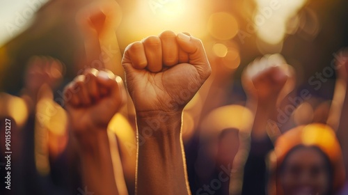 Powerful Display of Unity and Strength with Raised Fists in Sunlit Background photo