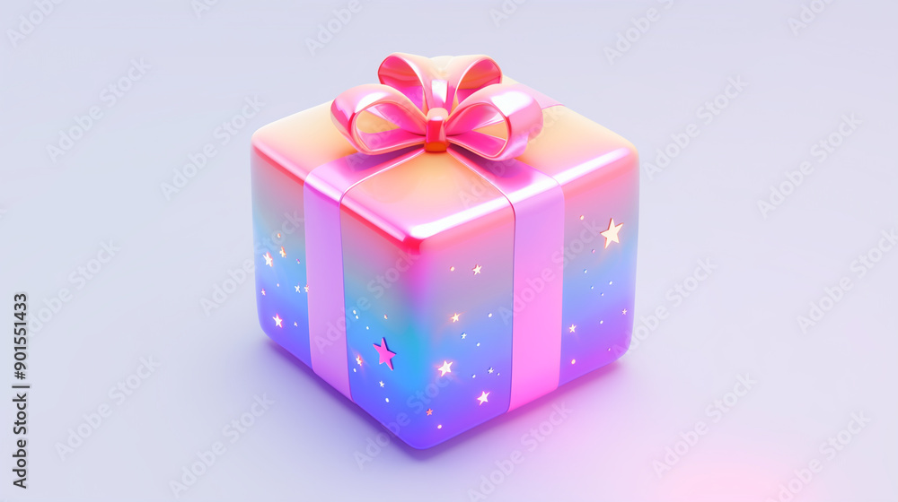 A white box with a red, yellow and blue ribbon on top. The box is decorated with a bow and is placed on a white background