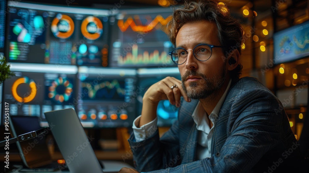 Professional Working Late in a Modern Office With Data Analytics Screens. Generative AI Professional Working Late in a Modern Office With Data Analytics Screens. Generative AI