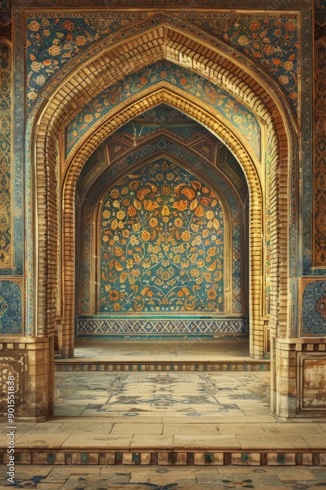 Ancient Persian Palace Frame with intricate mosaics, golden arches, and lush gardens. Ancient Persian Palace Frame with intricate mosaics, golden arches, and lush gardens.