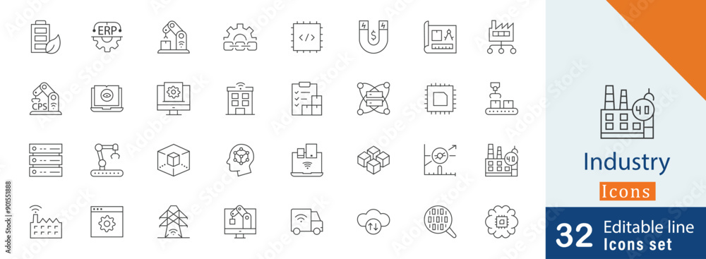 Industry editable outline icons set Industry editable outline icons set