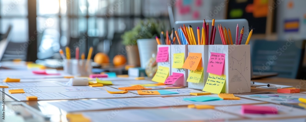 Team brainstorming with sticky notes on whiteboard. Team brainstorming with sticky notes on whiteboard.